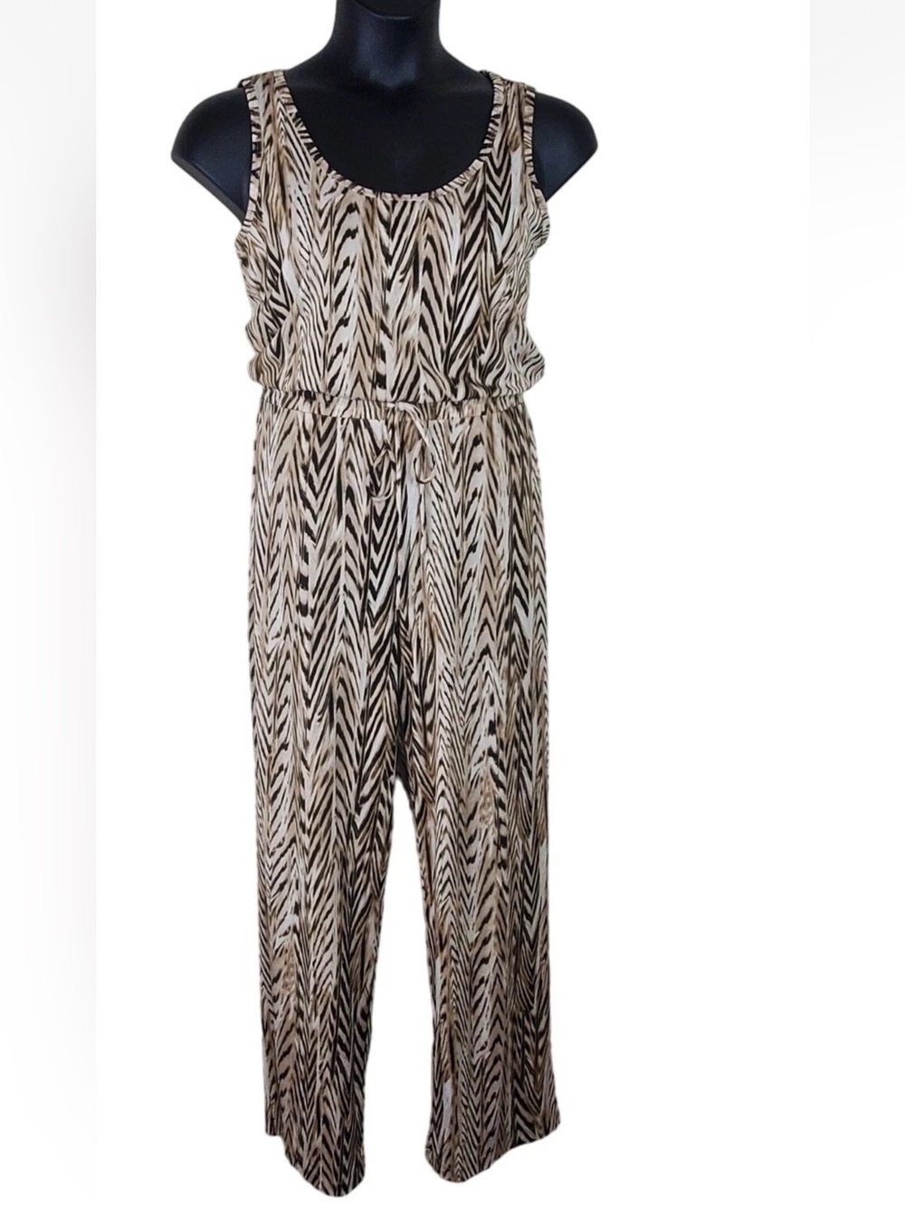 Calvin Klein Sleeveless Animal-Print Wide Leg Jumpsuit in Beige & Black